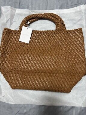 LILOU Woven Tote Bag Brown Cognac Large Handwoven Shoulder Handbag NWT